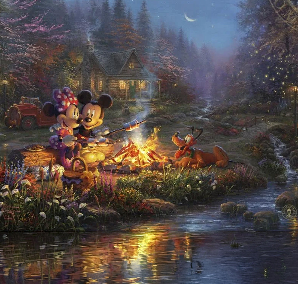 A whimsical nighttime forest scene featuring Mickey Mouse and Minnie Mouse sitting by a campfire beside a stream, with Pluto nearby, a small cabin in the background, and glowing reflections on the water.