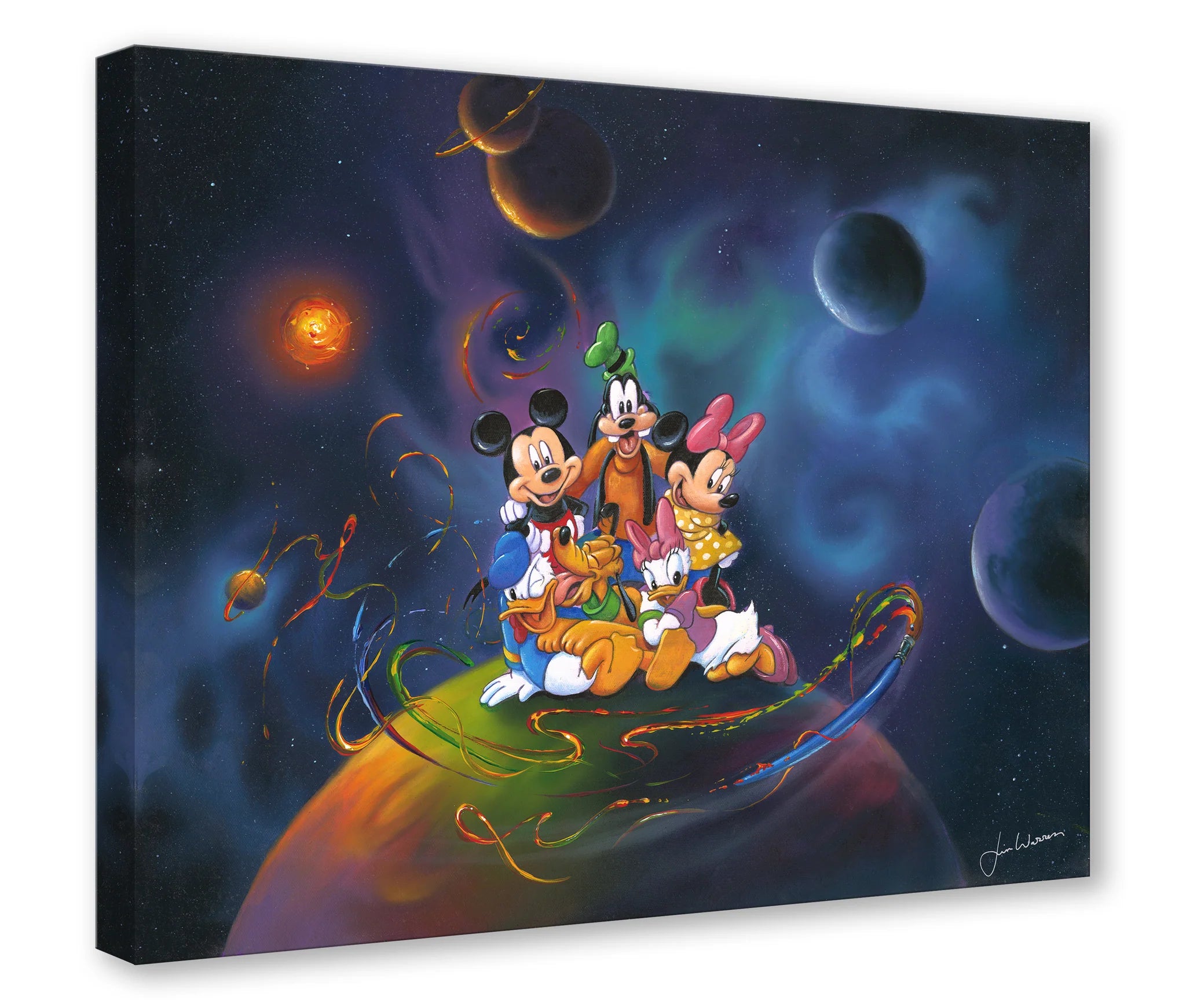 Disney World by Jim Warren.  The Gang of Five sitting on top of the world surrounded by galaxy of planets.