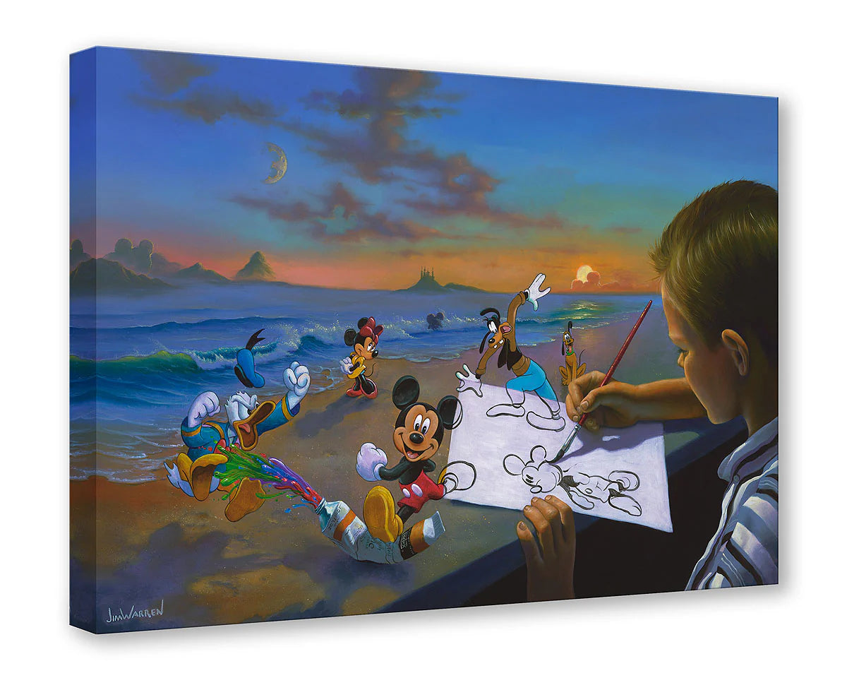 Dream Maker by  Jim Warren  A young boy is sketching an outline of Mickey, as the Gang Five play around the drawing table.