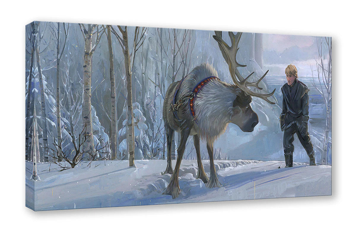 Ice harvester Kristoff and his reindeer Sven on the frozen tundra.