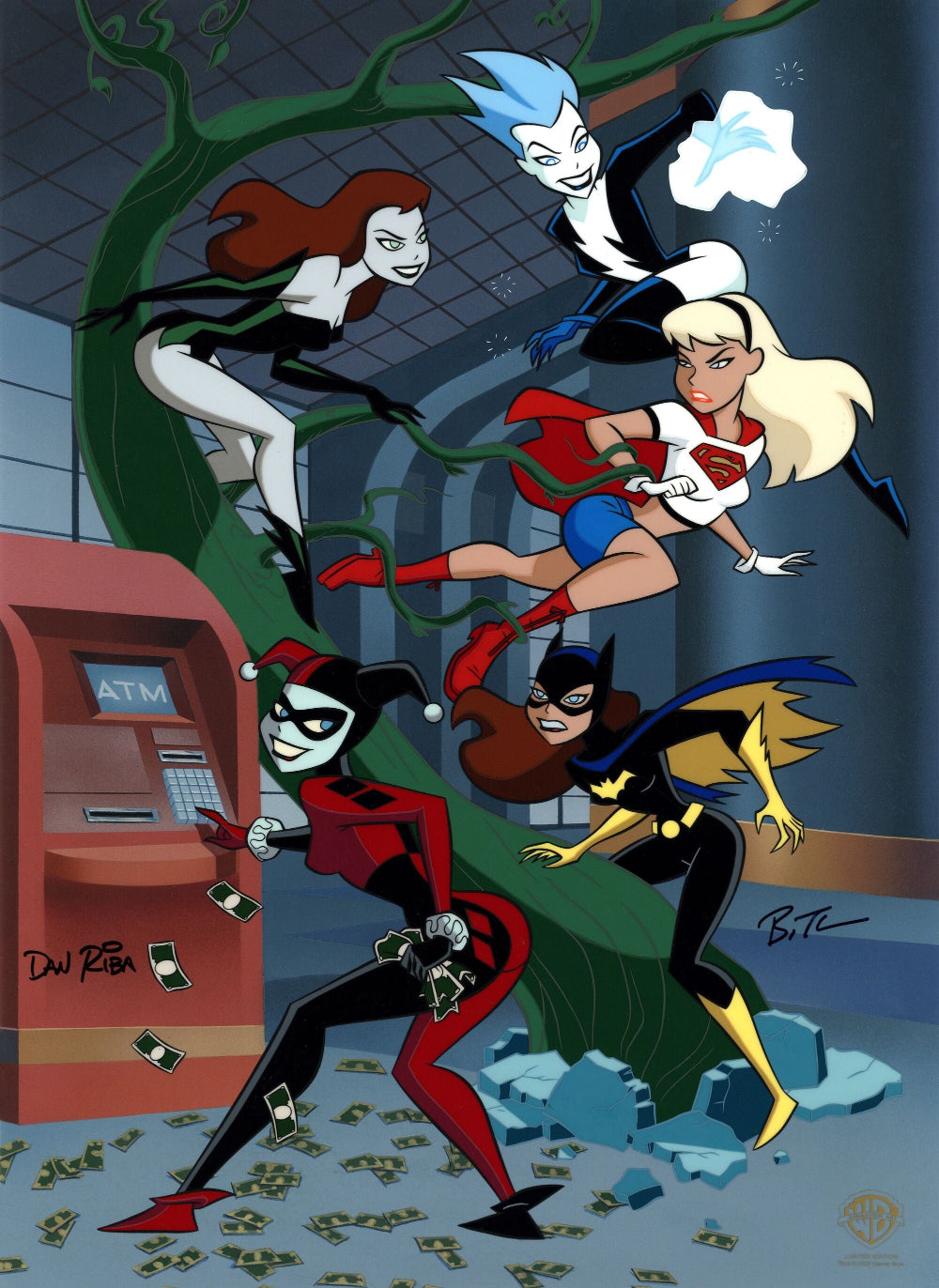 Supergirl tussling with Catwoman, Harley Quinn, Poison Ivy, and Livewire