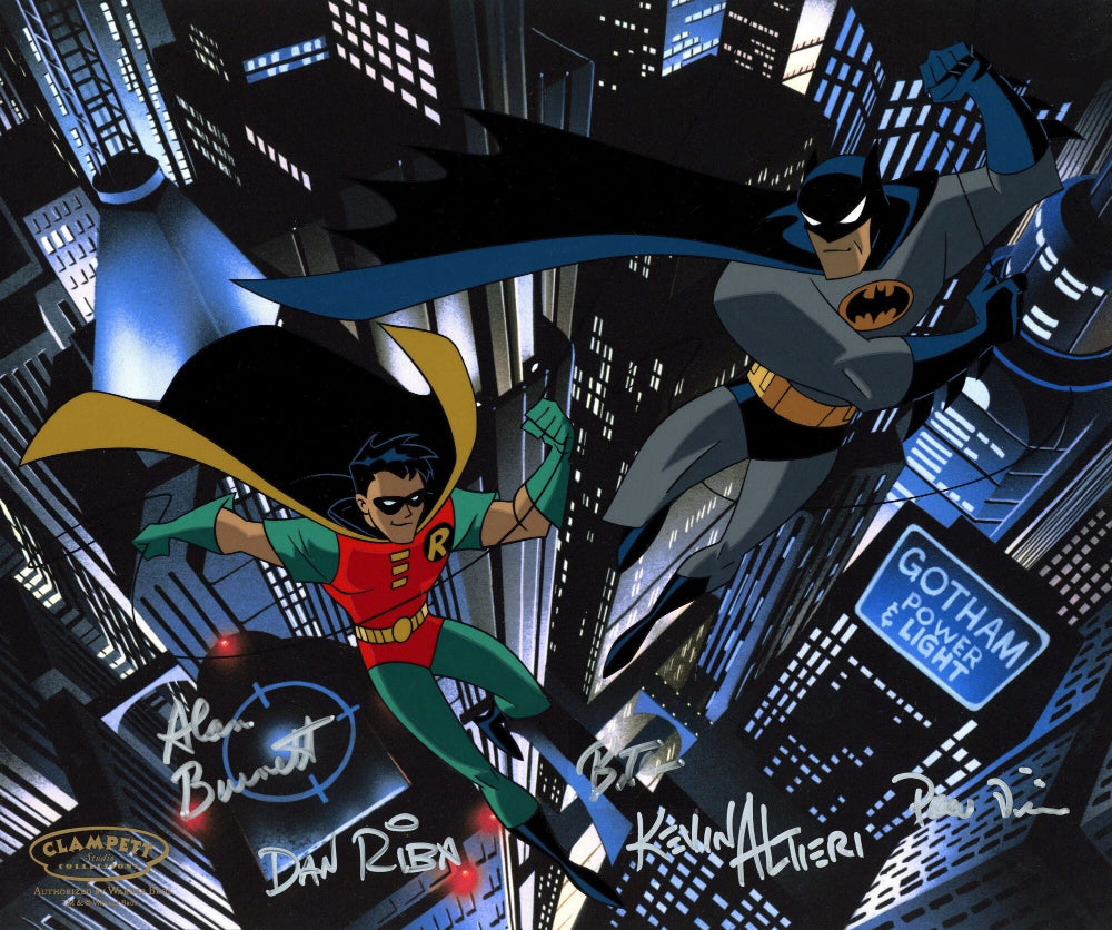 Batman and Robin flyingover Gotham