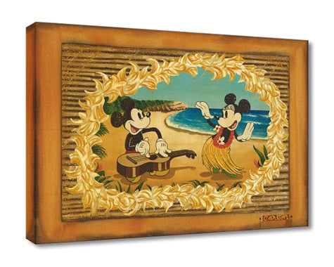 Minnie dances the Hawaiian hula dance in front of Mickey. canvas