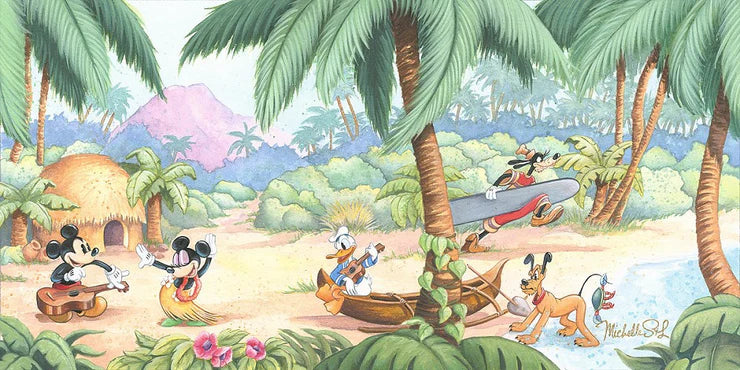 Mickey and friends enjoying their day on a lush green island.