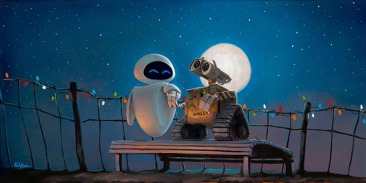 WALL-E and EVE holding hands under the moonlight 