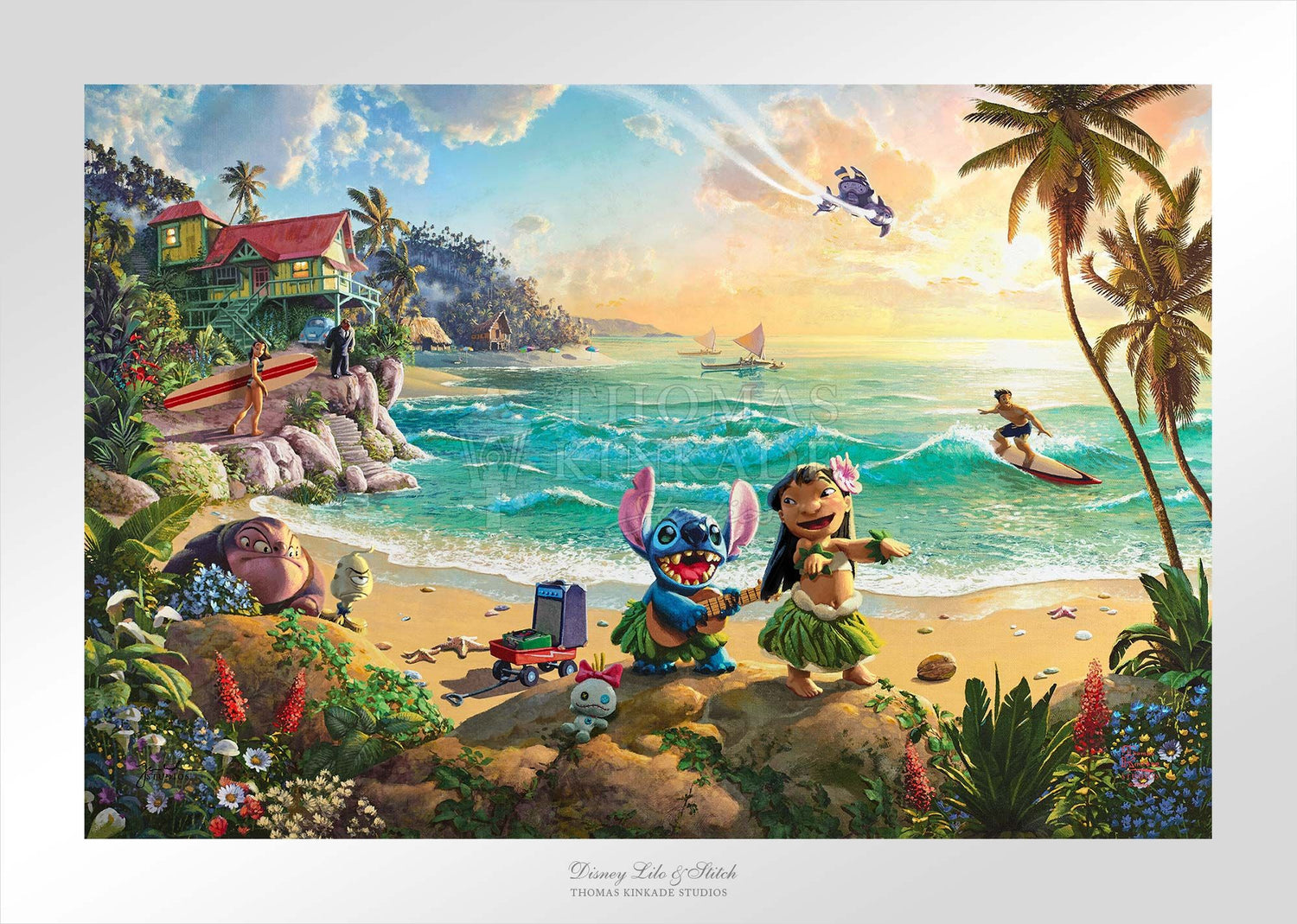 On their family day on the beach, Nani heads out with her board to the Pacific Ocean waves while Lilo &amp; Stitch practice their dance moves on the beautiful serene shore. Unframed Paper