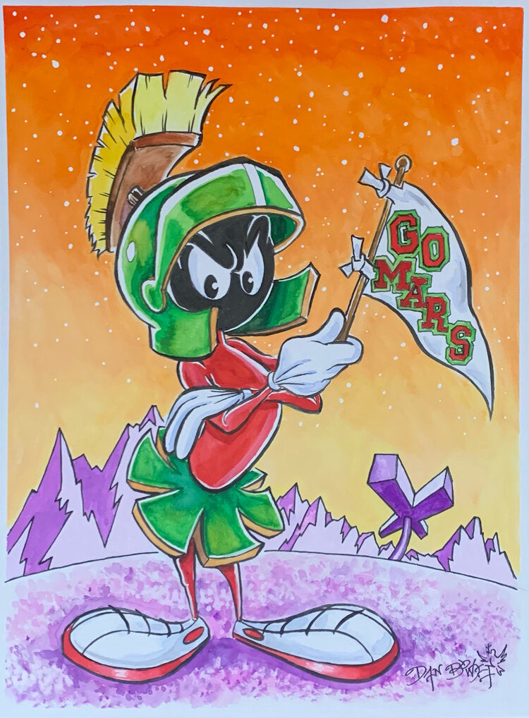 Marvin the Martian holding a &quot;Go Mars&quot; flag