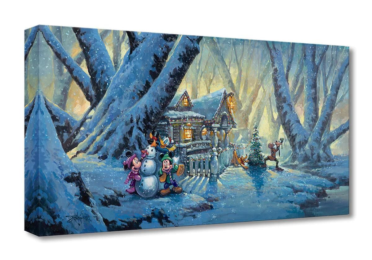 Mickey, Minnie, Goofy, and Donald as they come together outside a cozy cabin to build a snowman in the serene snow-covered landscape. Gallery Wrapped Canvas