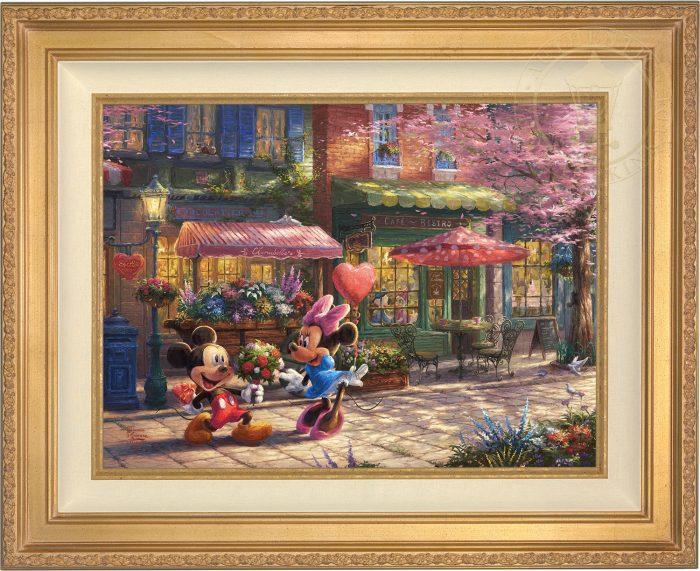 Mickey presents Minnie with a bouquet of flowers and a heart shaped box of chocolate in front of Cafe Bristo - Antique Gold Frame