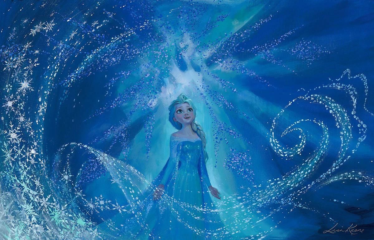 Elsa is surrounded by crystal snowflakes.