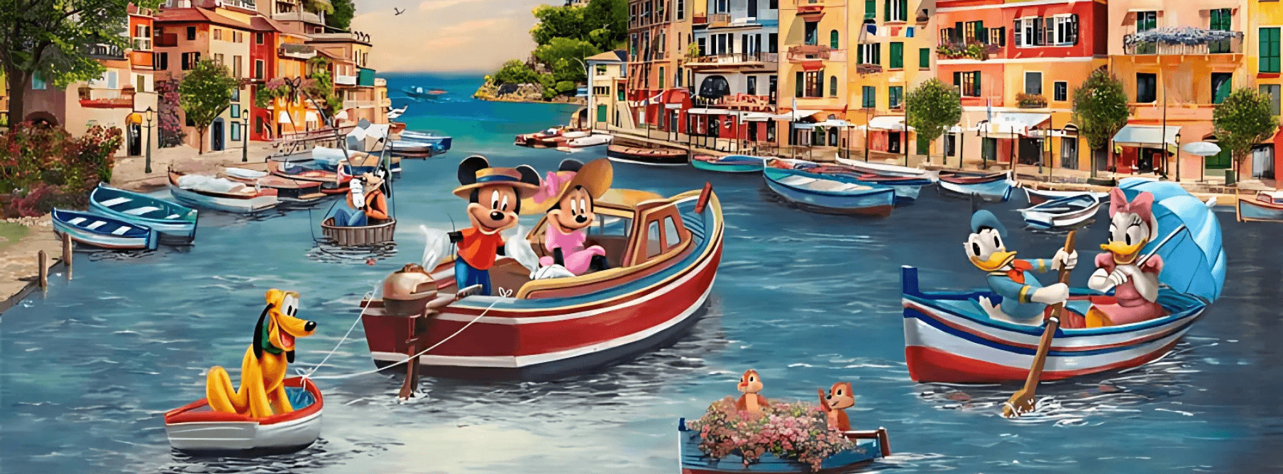 Mickey and Minnie enjoy a sunny  afternoon in Italy, cruising the Mediterranean in a motorboat. 
