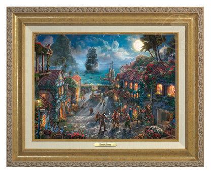 Captain Jack Sparrow makes his grand entrance as his ship slowly sinks into the harbor of a portside town. A mischievous mutt can be seen taunting pirate prisoners. Frame - Classic Antique Gold