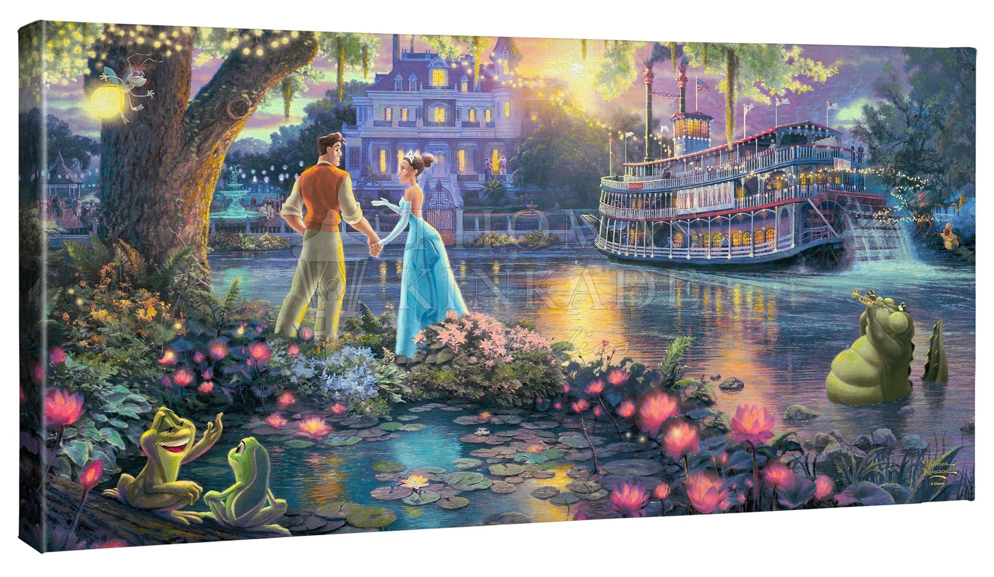Tiana and the Prince stand by the bayou river edge holding hands under the oak tree, as the two frogs (Tiana and the Prince) watch.|