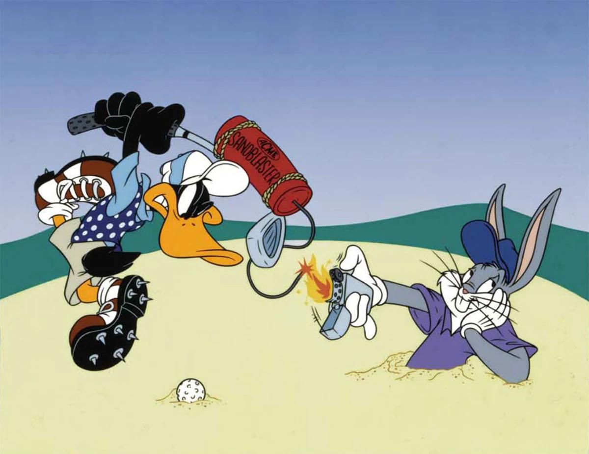 Bugs helps Daffy blast his way out of the sand trap.