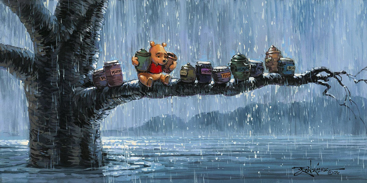 pooh sits up on a tree limb with his stash of hunny jugs as  the rain risesving his stock of hunny jugs up on a limb 