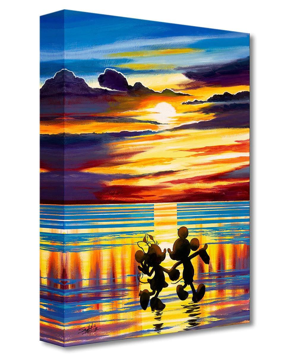 Mickey and Minnie enjoy a sunset stroll on the beach. Gallery Wrapped Canvas