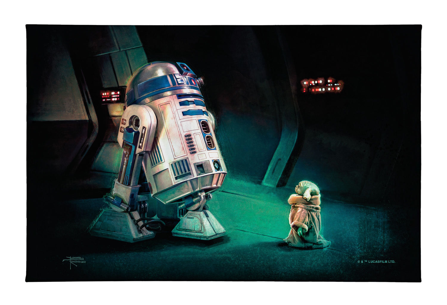 Illustration of a robot and a creature in a dark, futuristic setting