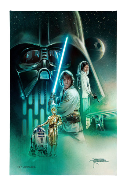 Star Wars-themed artwork with characters and lightsabers against a space background