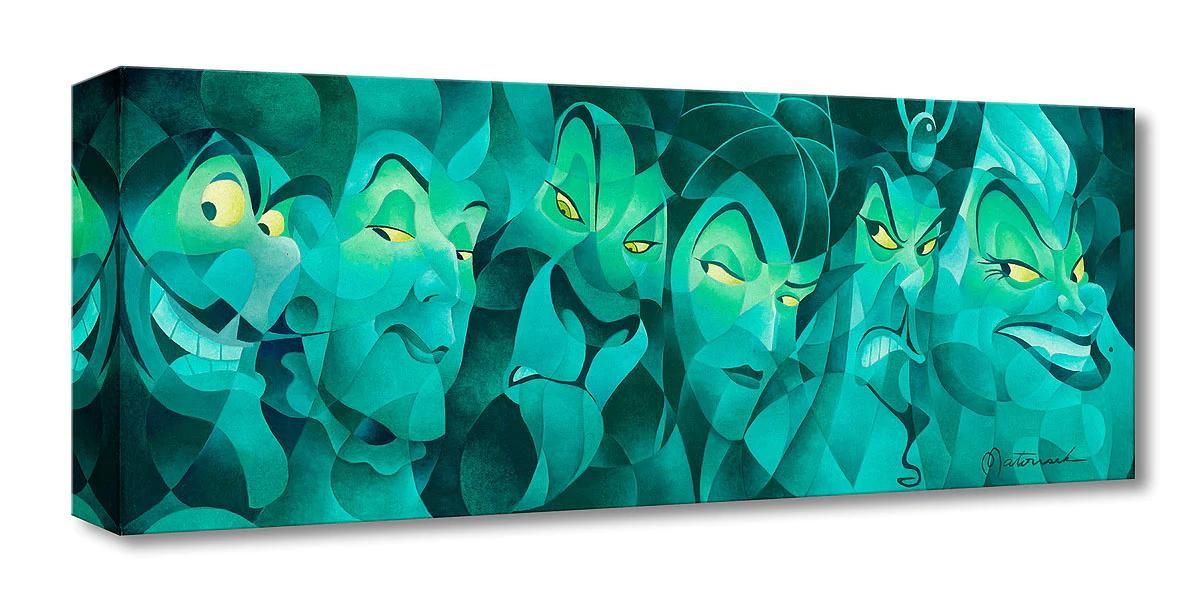 A line-up of Disney's Evil Villains; Caption Hook, Lady Tremaine, Scar, Jafar, and Ursula. Gallery Wrapped Canvas