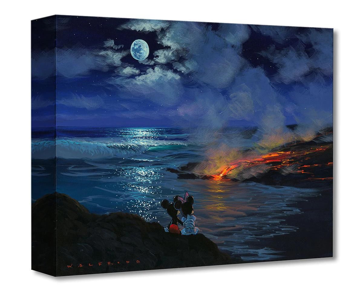 Mickey and Minnie watch from on top of the cliff the volcanic hot lava pouring into the ocean waters. Gallery Wrapped Canvas