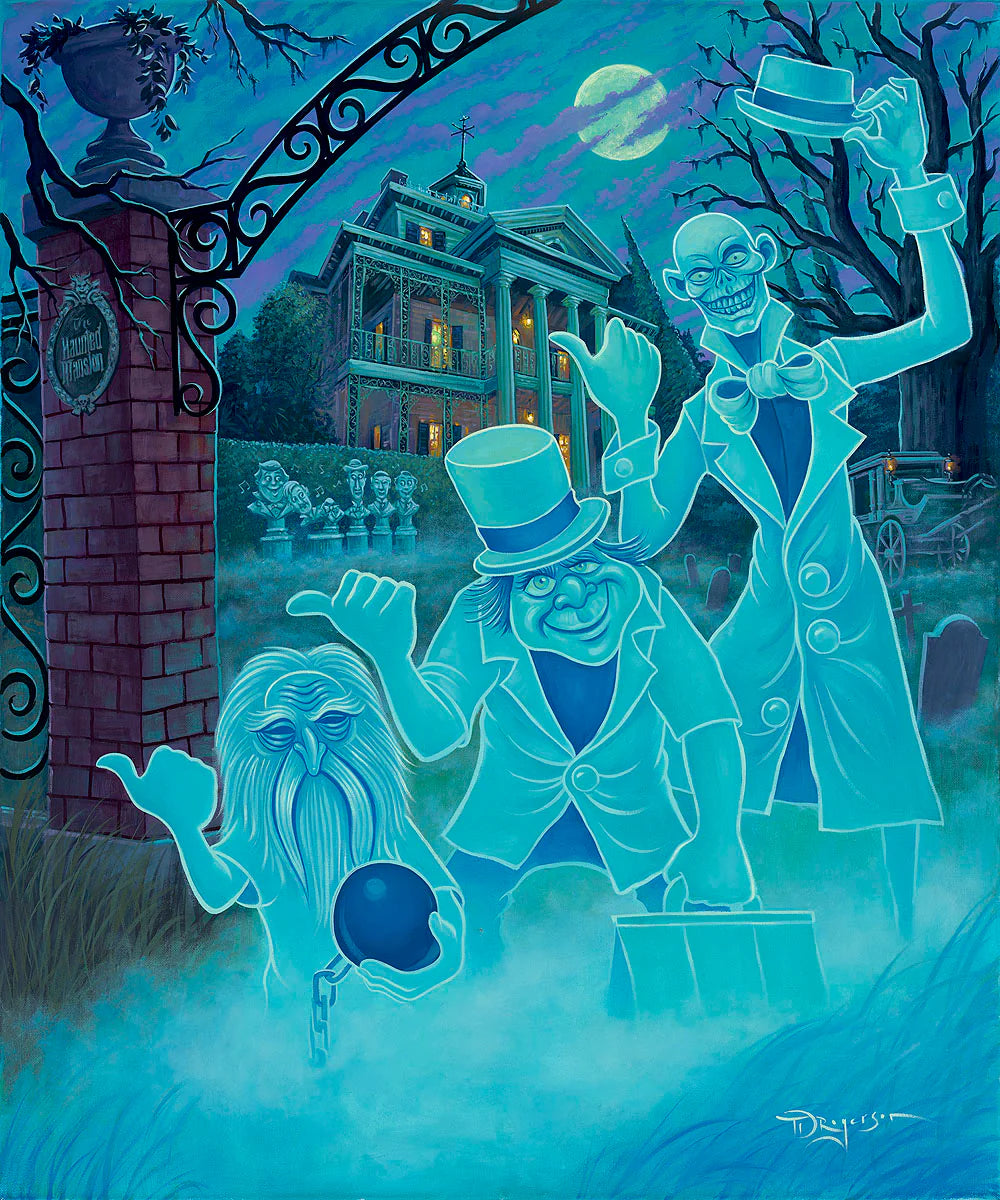 Hitchhiking Ghosts, Ezra, Gus, and Phineas try to hitch a ride away from the Haunted Mansion