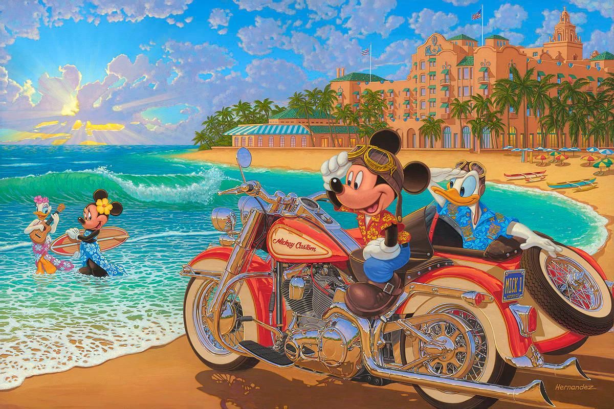 Mickey rides his vintage motorcycle to the beach.