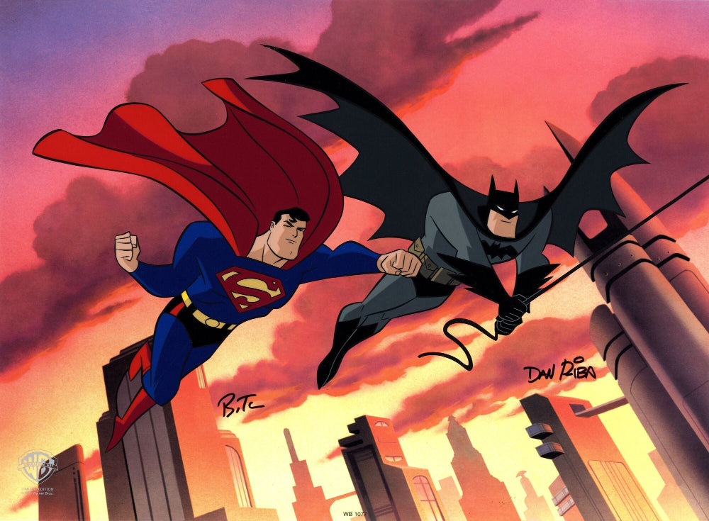 Batman and Superman flying over Gotham