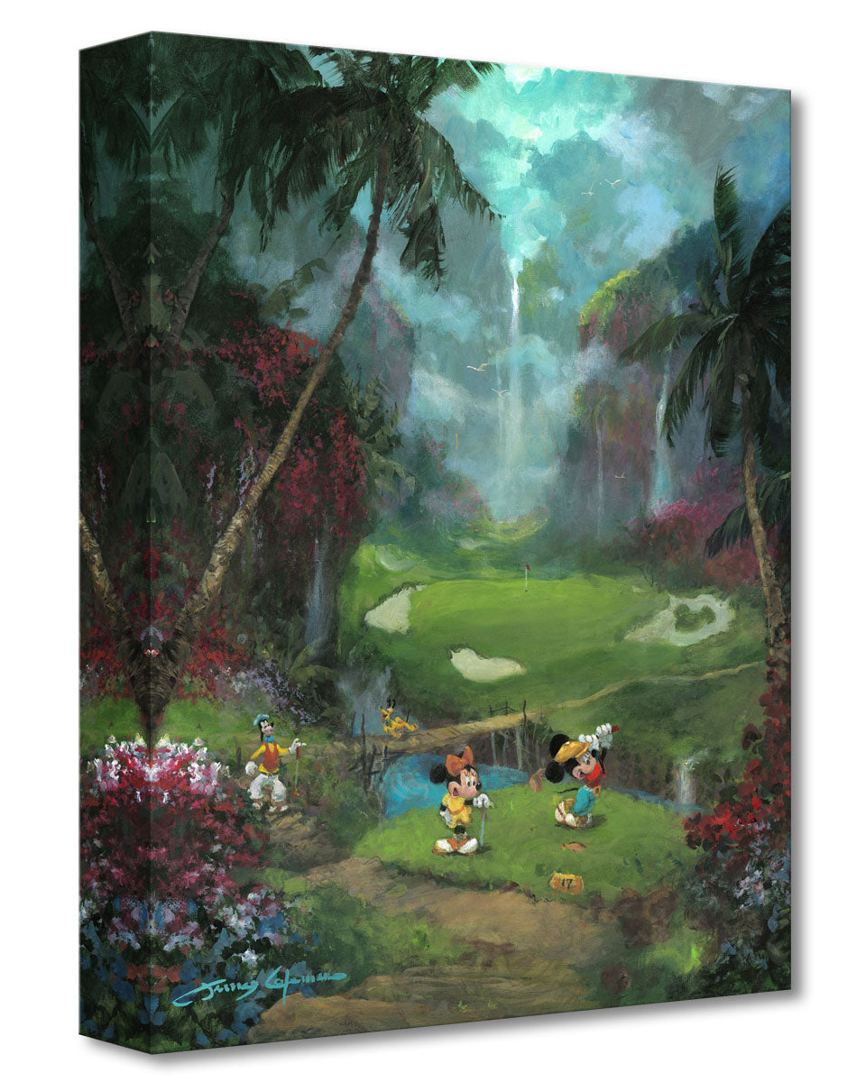 Mickey, Minnie and Goofy playing golf in the middle of the lush green landscape in Hawaiian island.