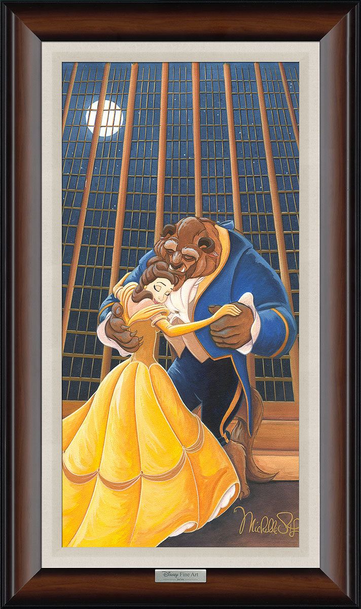 Belle lovingly embraces the Beast as they dance.