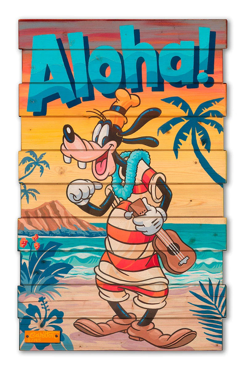 A Goofy Aloha By Trevor Carlton.  Goofy at his best, wearing a red and white stripe vintage swimsuit.