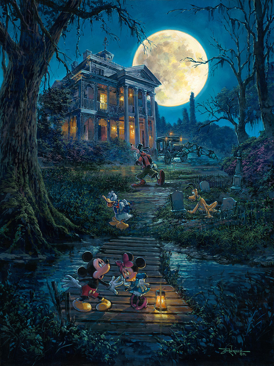 Mickey and the Fab of Five are at the outside grounds of the Haunted Mansion; as the full moon rises, Mickey gets spooked; the rest are exposing the area.