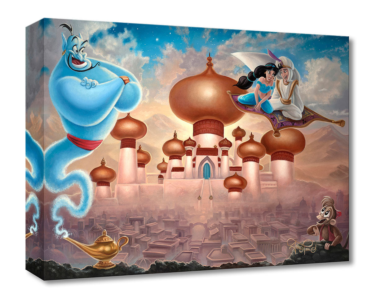 Aladdin and Princess Jasmine flying on the magic carpet over the Agrabah's Kingdom, as the blue Genie and Abu watch. 