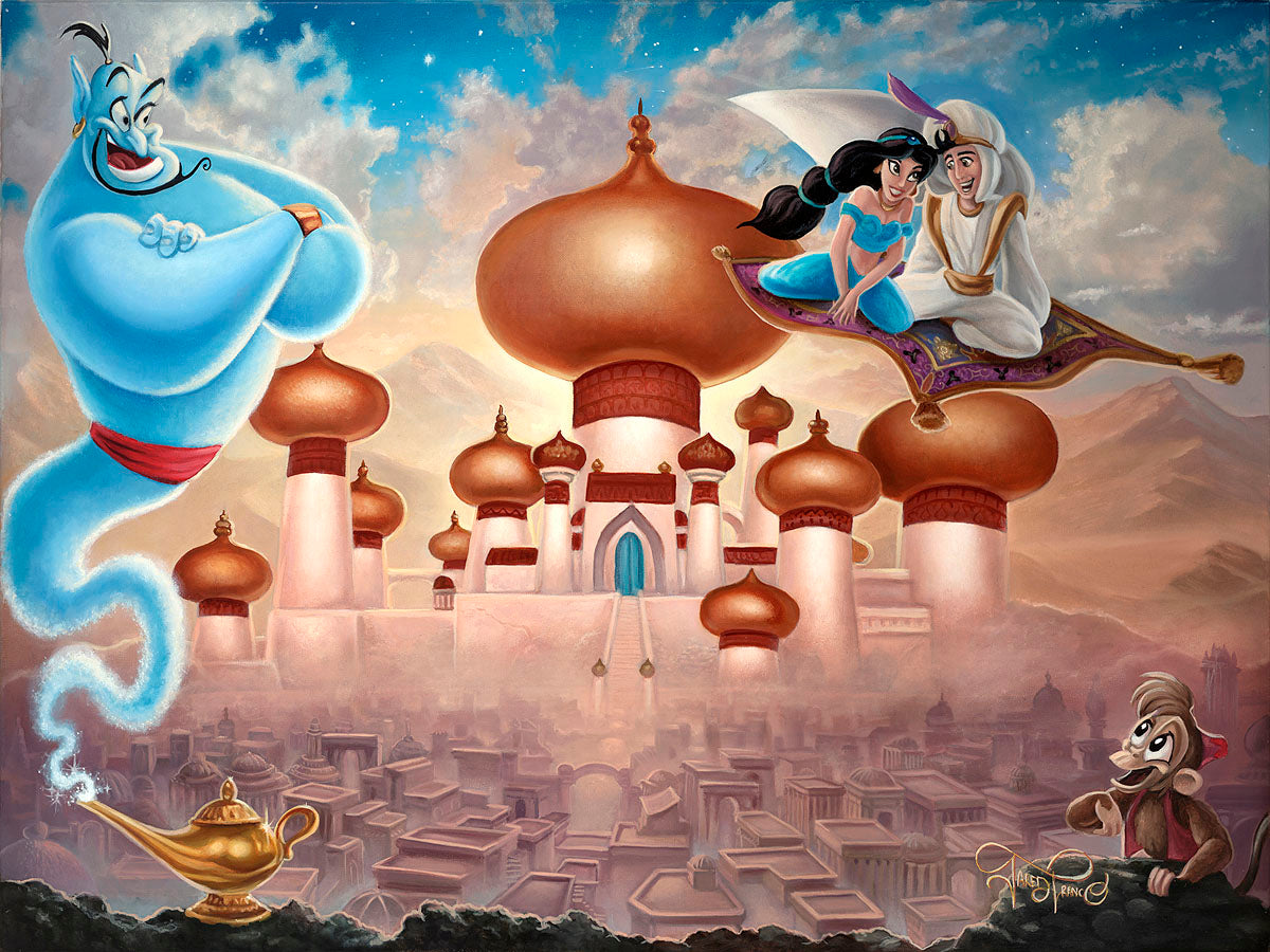 Aladdin and Princess Jasmine flying on the magic carpet over Agrabah's Kingdom, as the blue Genie and Abu watch. 
