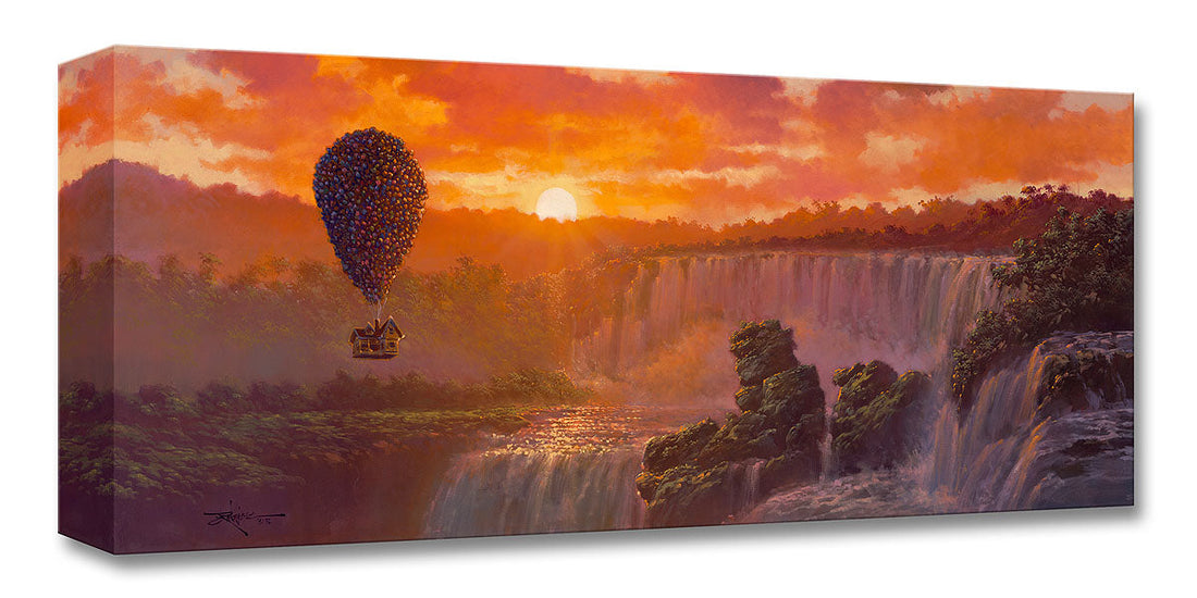 Carl and his stowaways Russel and Dug fly over the Paradise Falls. Artwork inspired by Disney&