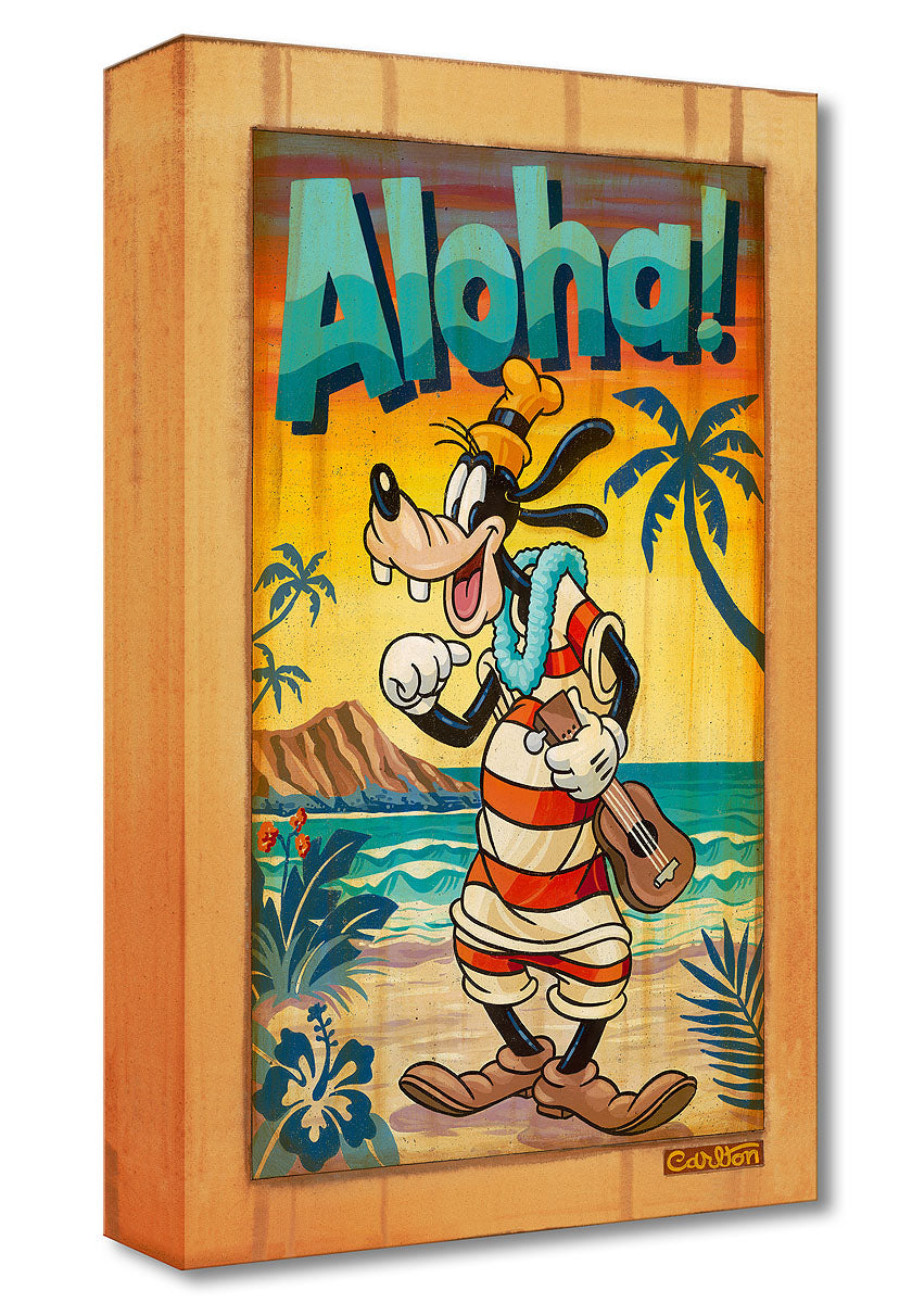 A Goofy Aloha By Trevor Carlton  Goofy at his best, wearing a red and white stripe vintage swimsuit.