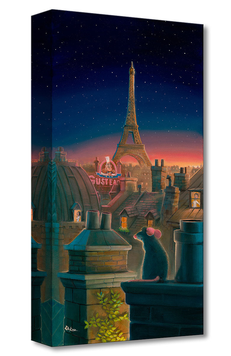 A Taste of Paris by Rob Kaz.  Remy sits on top of the rooftop, glazing over Paris's sunset landscape.