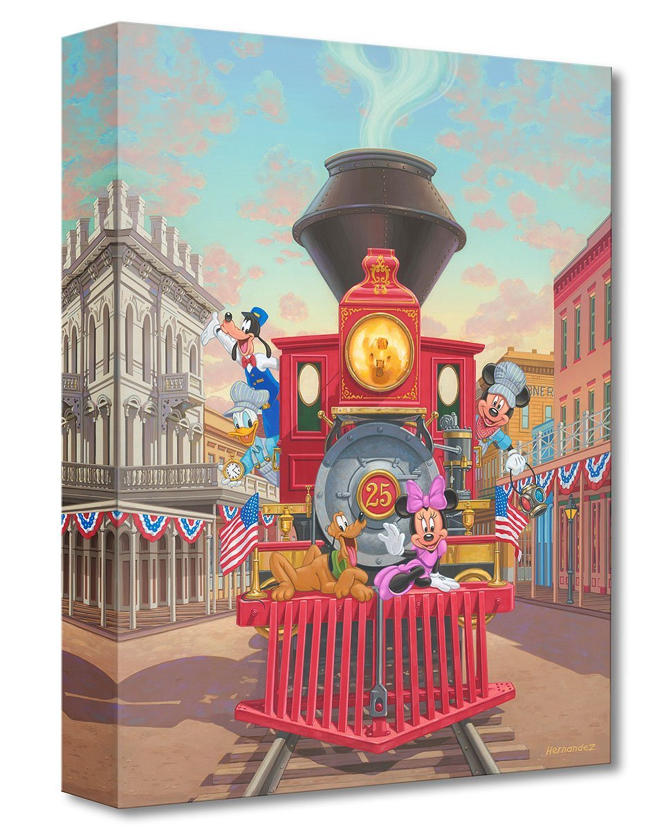 Mickey, Miinnie, Goofy, and Pluto riding downtown on Engine 25 train.