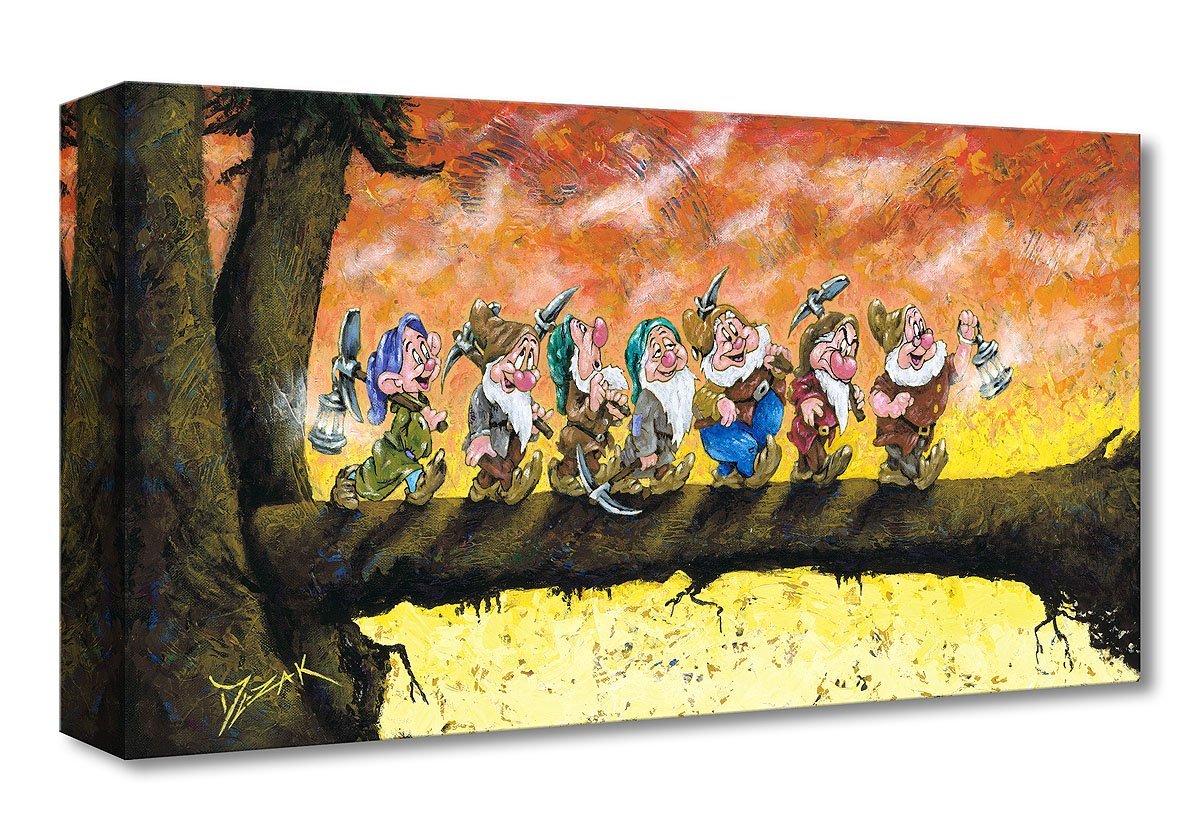 Seven Dwarfs are walking across a fallen the tree log leading to the path home.