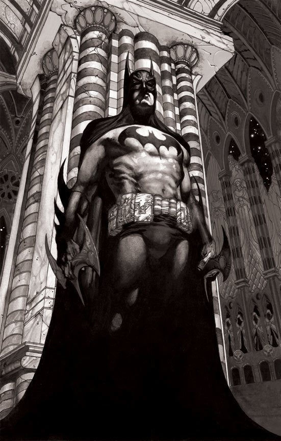 Batman standing tall, hand to his side, ready to fight evil.