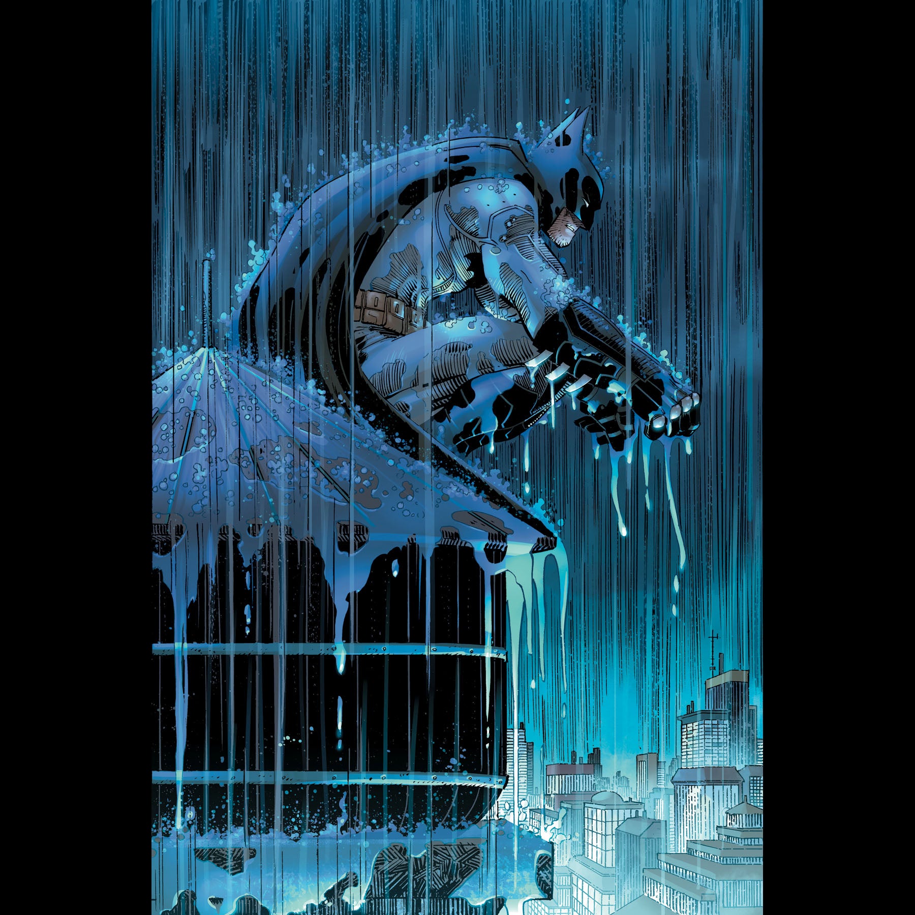 Batman sitting in the rain.
