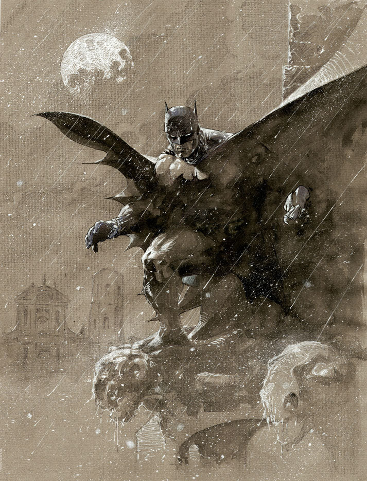 Batman straddling two stone figures with a glimpse of the Baroque Ducal Palace of Modena in the background.