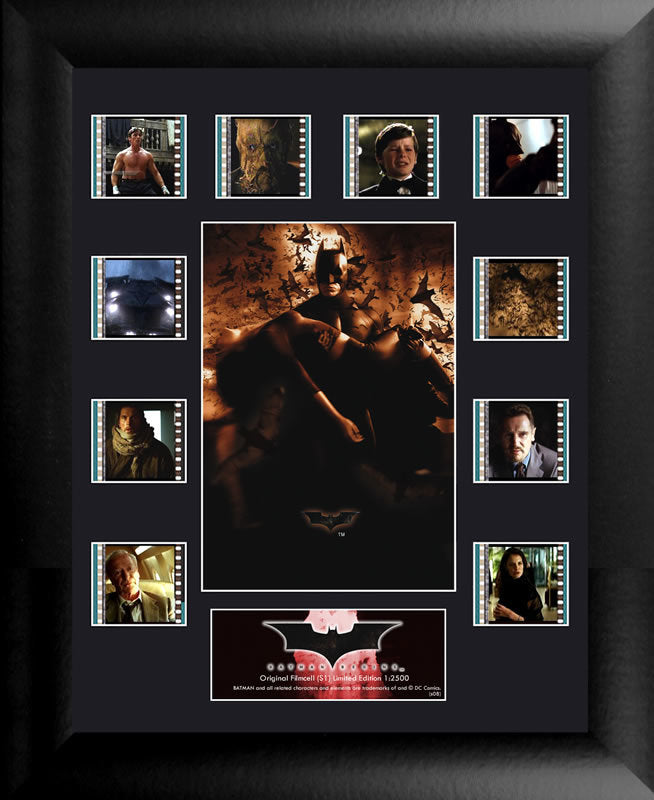 Batman Begins (S1) MM  Collection. It’s not who I am underneath, but what I do that defines me. Celebrate the beginnings of a legend in Christopher Nolan’s Batman Begins with this limited edition of 2500 framed FilmCells™ presentation featuring an image of Batman™, a certificate of authenticity, and ten different clips of real 35mm film from the movie. Size: 11" x 13"  | Mini Montage Comes in an elegant Black Frame - Ready to Hang