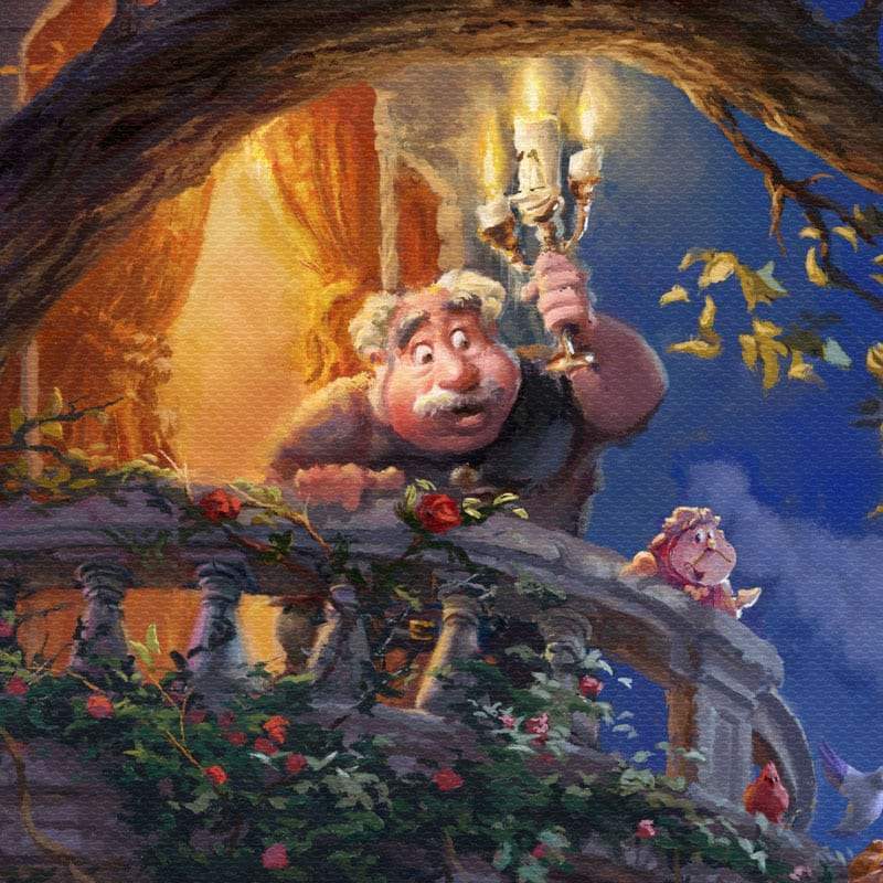 Lumiere lights the way for Belle’s father, Maurice, and Cogsworth to catch a glimpse of their love - closeup