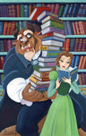 Belle's Books By Michelle St. Laurent  Belle and The Beast in the Library collecting a stack of classic books. 