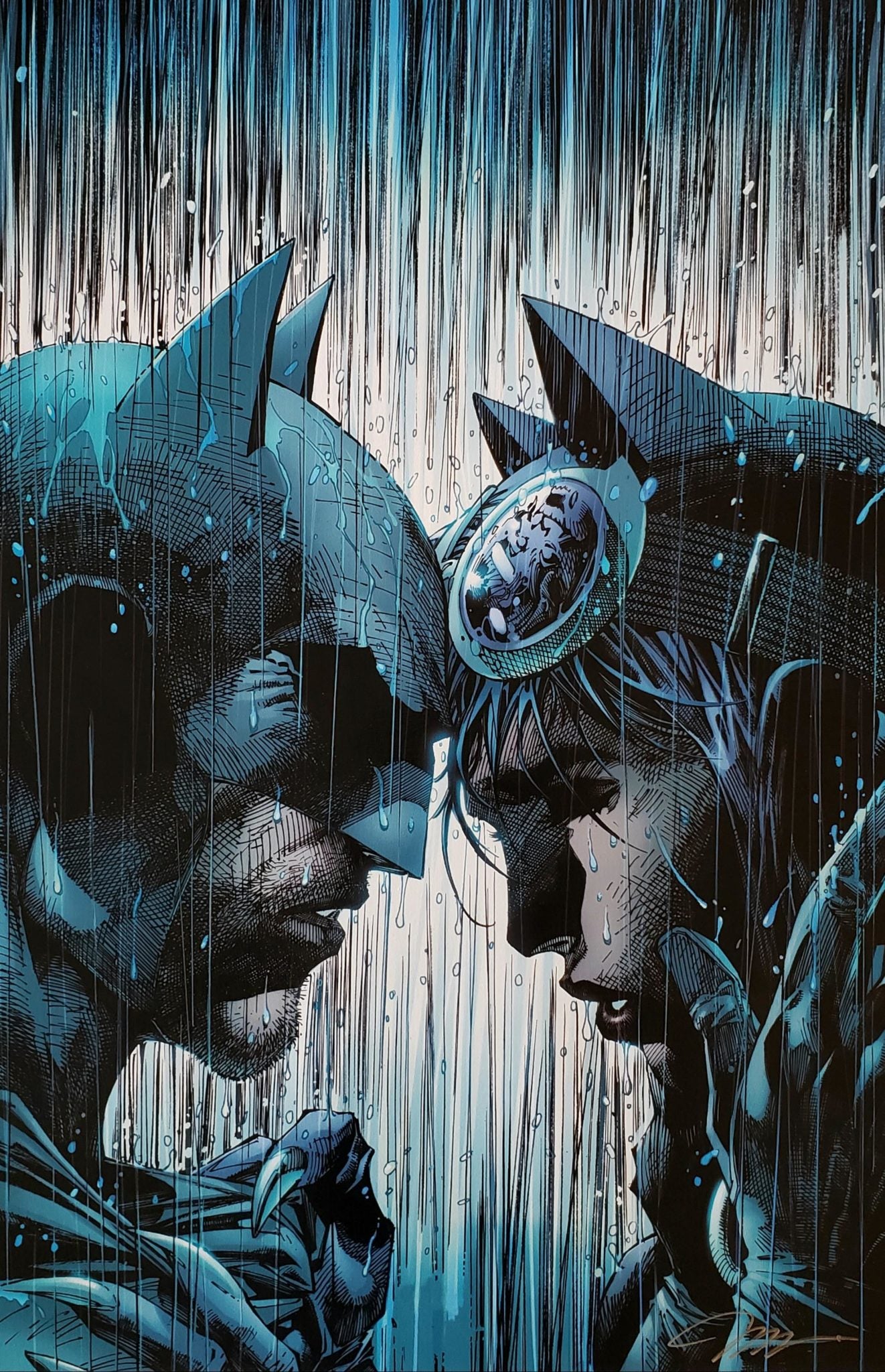 Batman and Catwoman standing head to head in the rain.