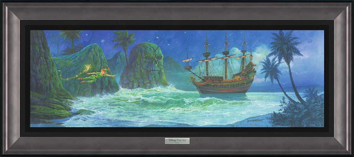 Peter Pan and Tinker Bell flying toward the pirates Black Pearl ship anchored by Skull Rock cove.