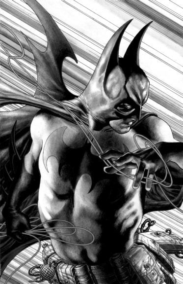 A black and white image of the Dark Knight as he grasps the handline attached to his  grappling gun.