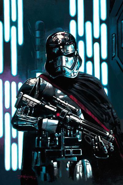 Captain Phasma poses in her armor of salvaged chromium and her blaster rifle