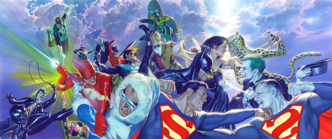 The super-heroes and super-villains clashing in an epic battle.