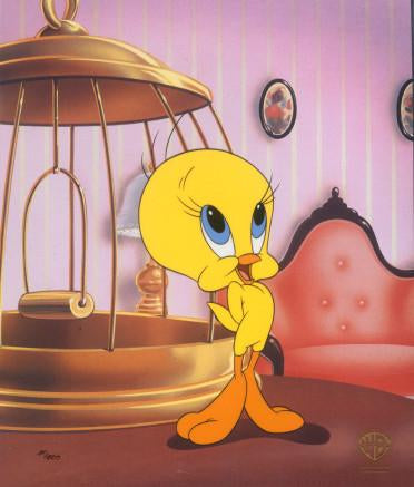 Awww, Aint I Tweet?” In Classic Tweety, everyone’s favorite little yellow bird stands proud outside his cage. 